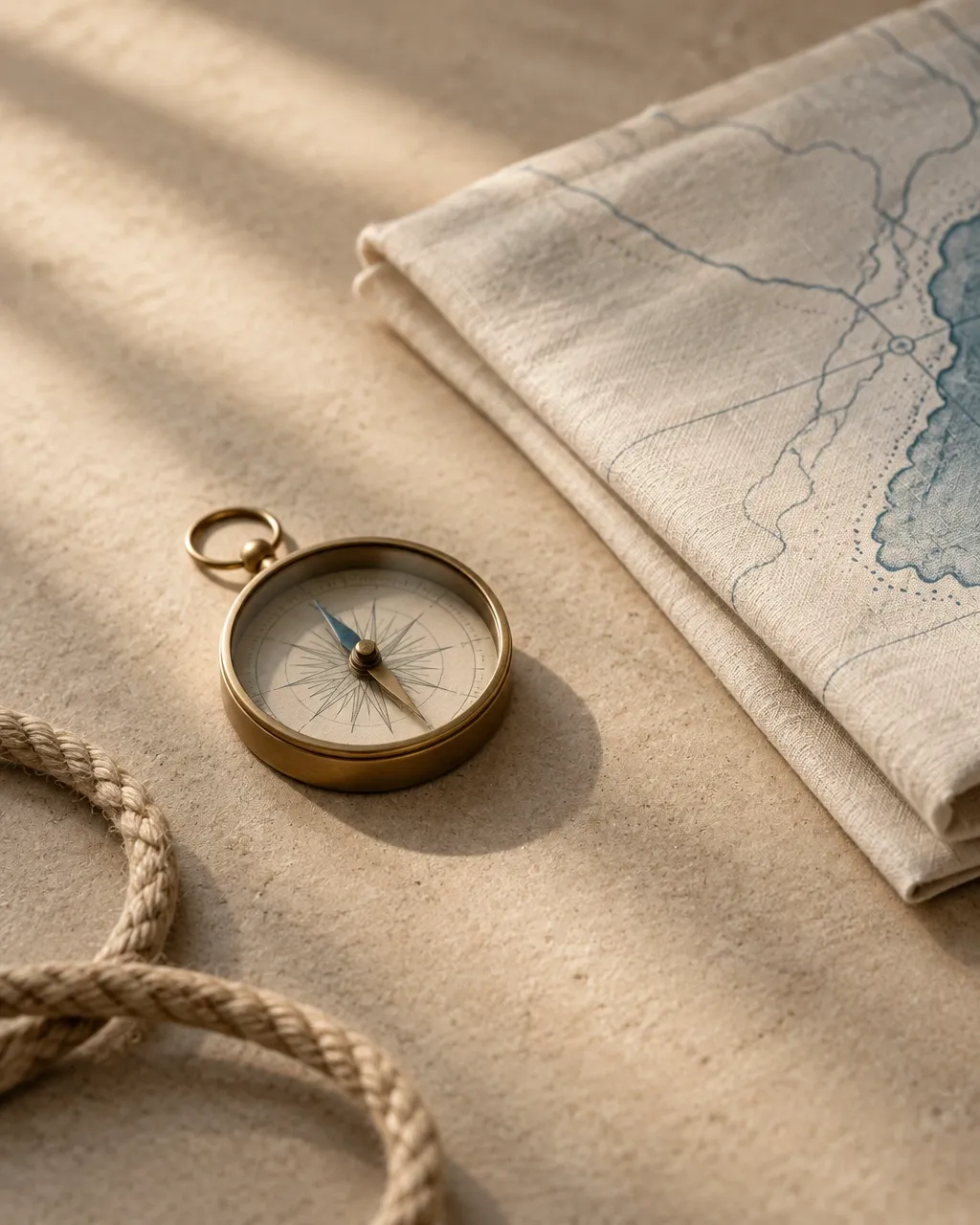 A brass compass resting on linen beside a map